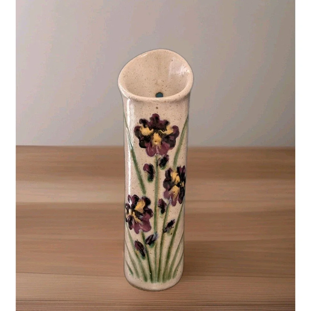 Vintage Wall Pocket Vase Floral Pattern Signed Stoneware Pottery
